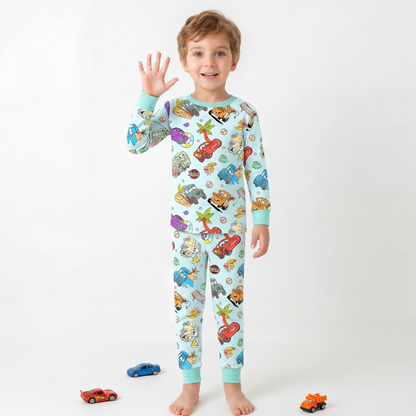 Vintage Cars Road Trip Mint Green Kids Two-Piece Pajama Set