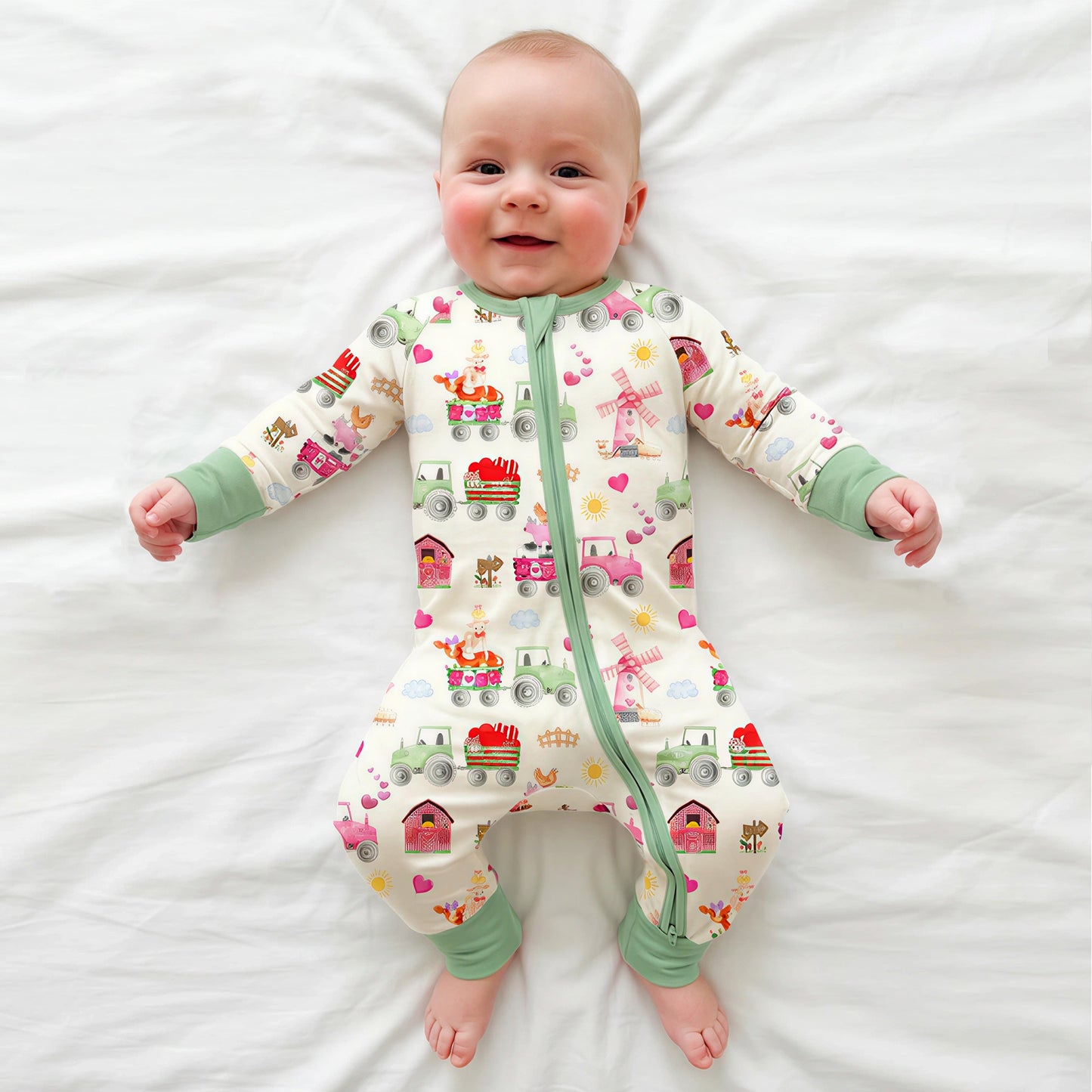 Valentine Farm Adventure Ride and Hearts Green Baby Bamboo Zipper Pajama Romper