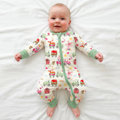 Valentine Farm Adventure Ride and Hearts Green Baby Bamboo Zipper Pajama Romper