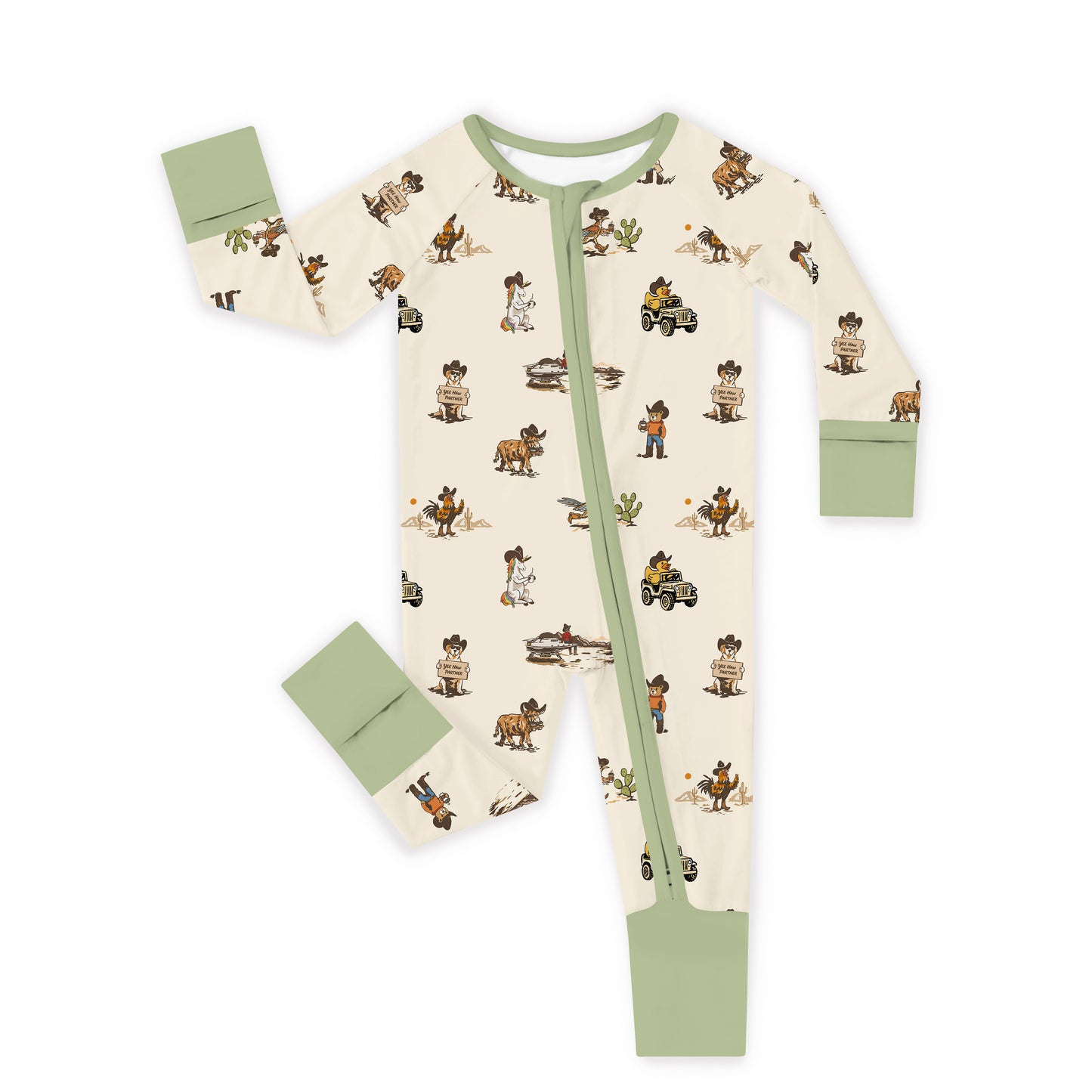 Yeehaw Critters Sage Bamboo Zipper Pajama Romper