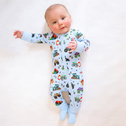 Big Wheels Truck Race Journey on Blue Bamboo Zipper Romper Pajamas