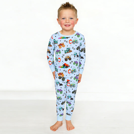 Big Wheels Truck Race Journey on Blue Kids Bamboo Two-Piece Pajama Set