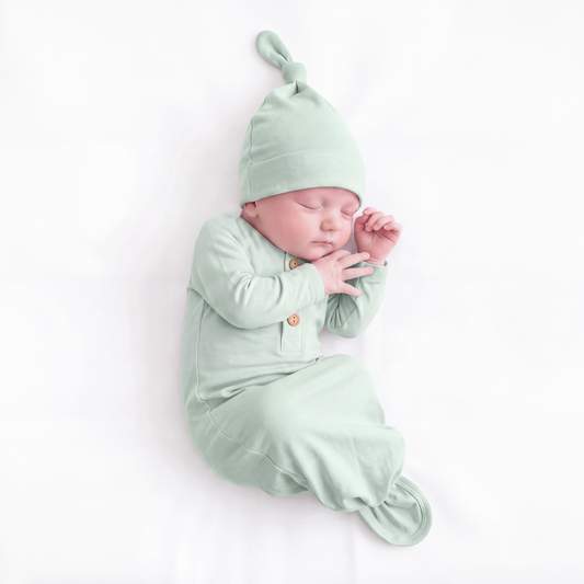 Sage Green Solid Baby Bamboo Knotted Gown with Hat Set