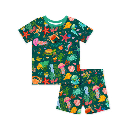 Kids Bamboo Two-Piece Pajama Set Ocean Crab and Coral Reef Green