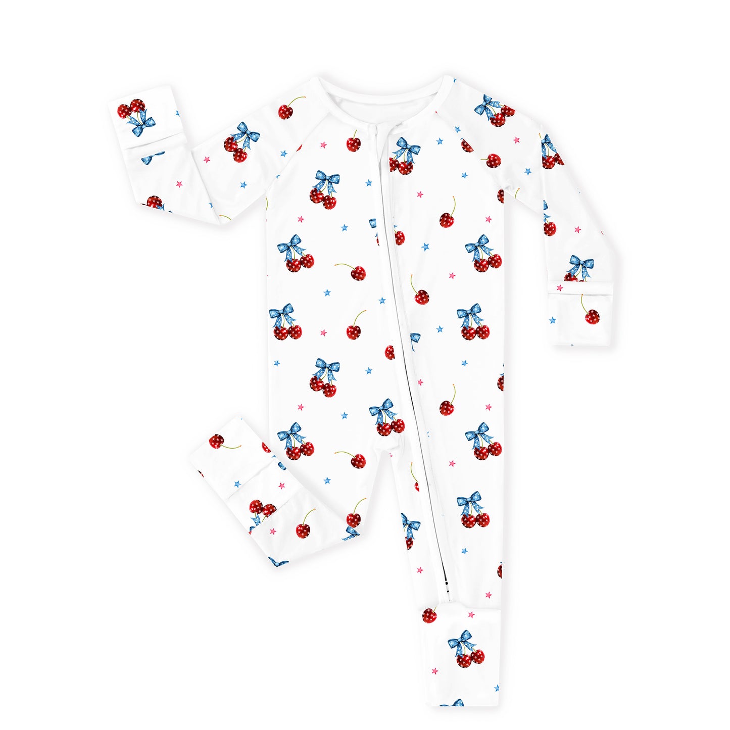 4th of July Cherry Bow Twinkling Stars Baby Bamboo Zipper Pajama Romper