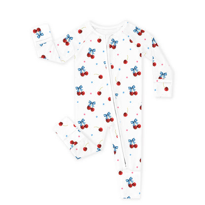 4th of July Cherry Bow Twinkling Stars Baby Bamboo Zipper Pajama Romper