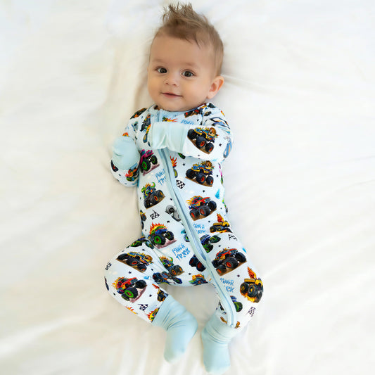 Wild Truck Power Adventure and Flags Bamboo Zipper Romper Pajamas