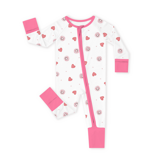 Sweet Hearts and Smiley Faces Pink Bamboo Zipper Romper Pajamas