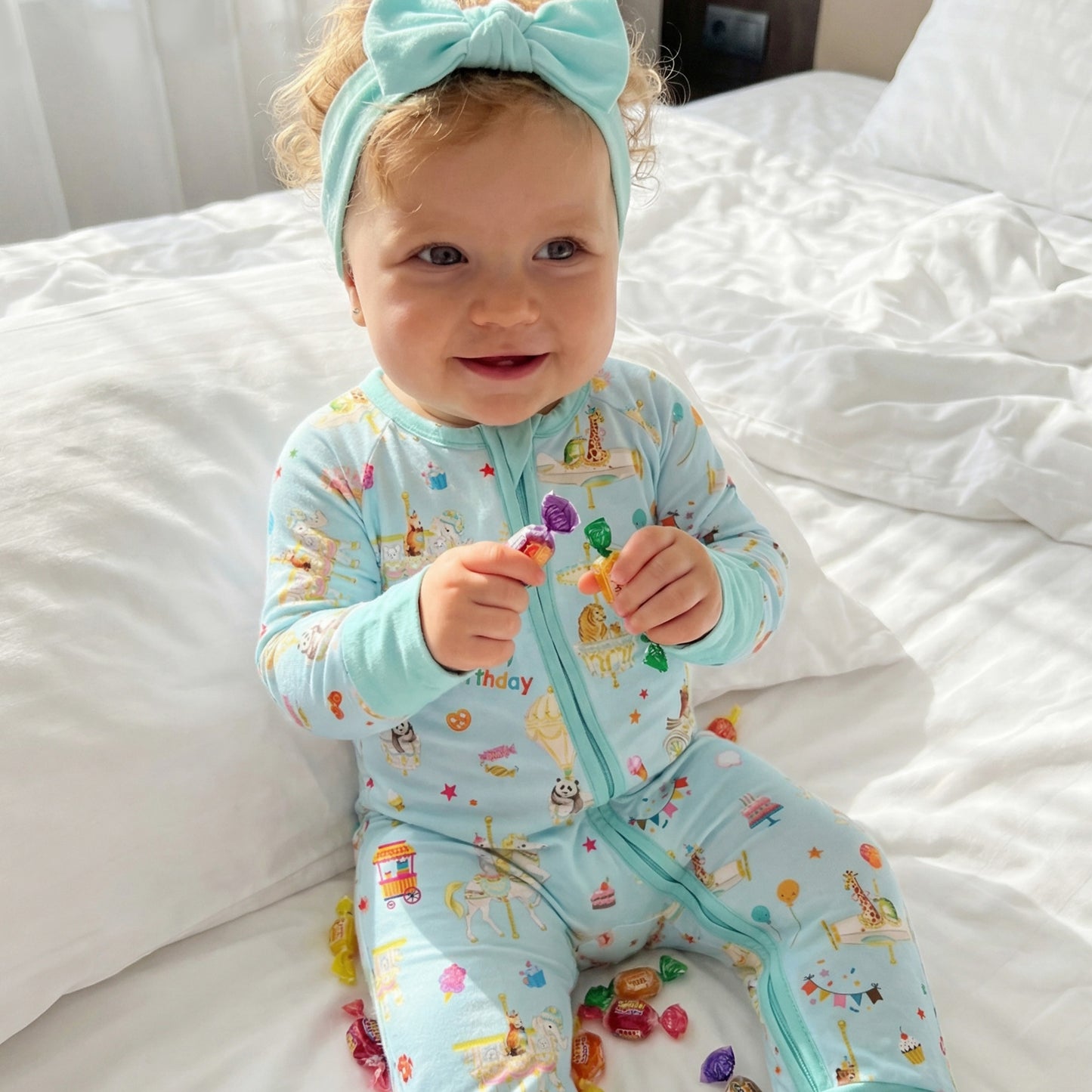 Baby Bamboo Zipper Pajama Romper Animals Carnival Fun and Birthday Carousel
