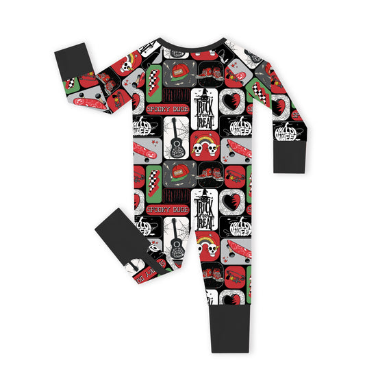 Halloween Spooky Skate Patchwork Baby Bamboo Zipper Pajama Romper bamboo clothing design - baby apparel bamboo clothing with custom design - baby wear front view