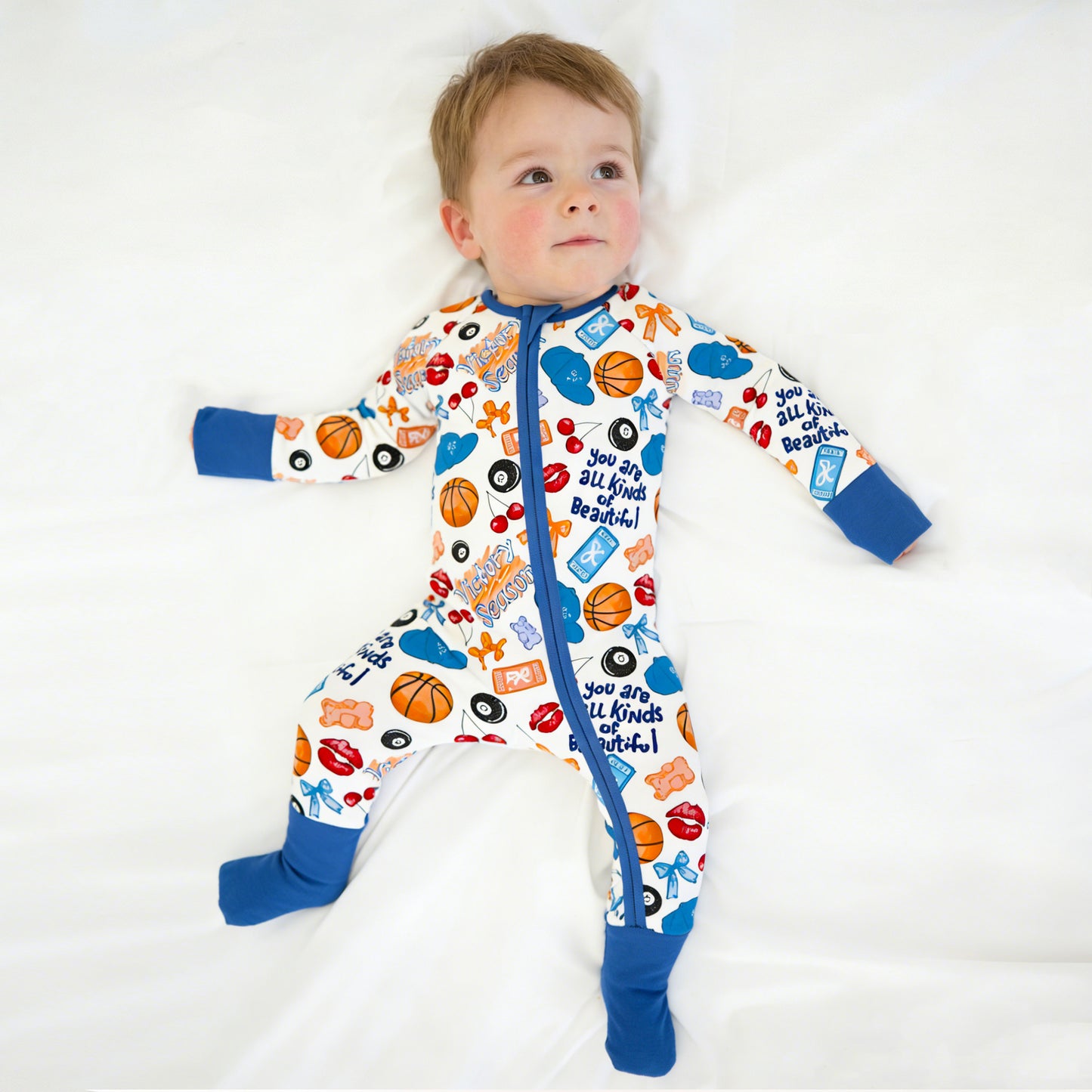 Baby Bamboo Zipper Pajama Romper Playful Sports and Sweet Bow Lip Blue