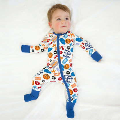 Baby Bamboo Zipper Pajama Romper Playful Sports and Sweet Bow Lip Blue
