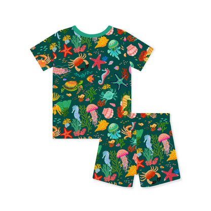 Kids Bamboo Two-Piece Pajama Set Ocean Crab and Coral Reef Green
