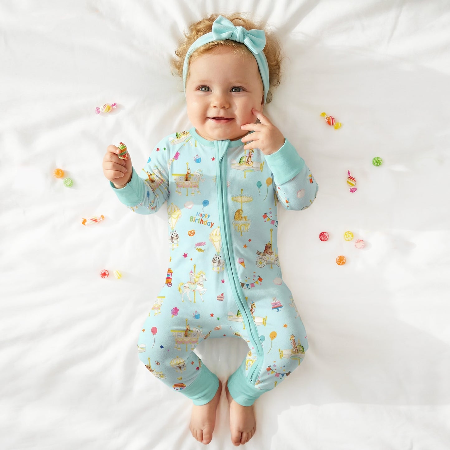 Baby Bamboo Zipper Pajama Romper Animals Carnival Fun and Birthday Carousel