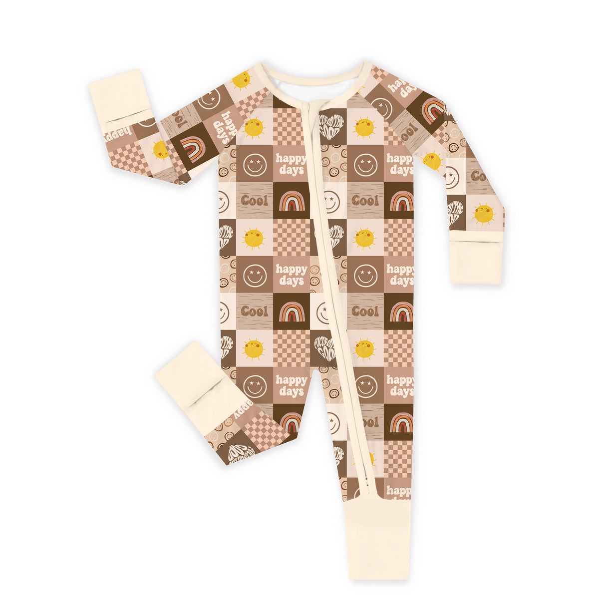 Retro Good Vibes Checkerboard Cream Bamboo Zipper Pajama Romper