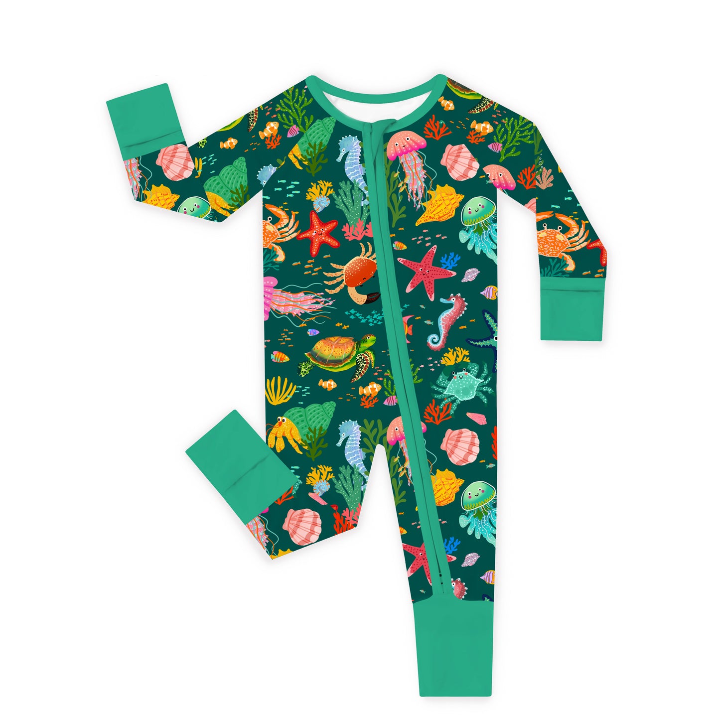 Baby Bamboo Zipper Pajama Romper Ocean Crab and Coral Reef Green