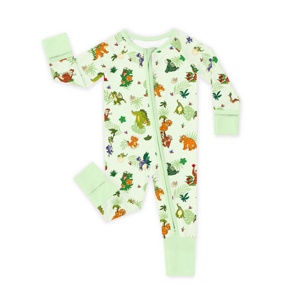 Baby Bamboo Zipper Pajama Romper Prehistoric Dino Pals Jungle Playtime Sage Green