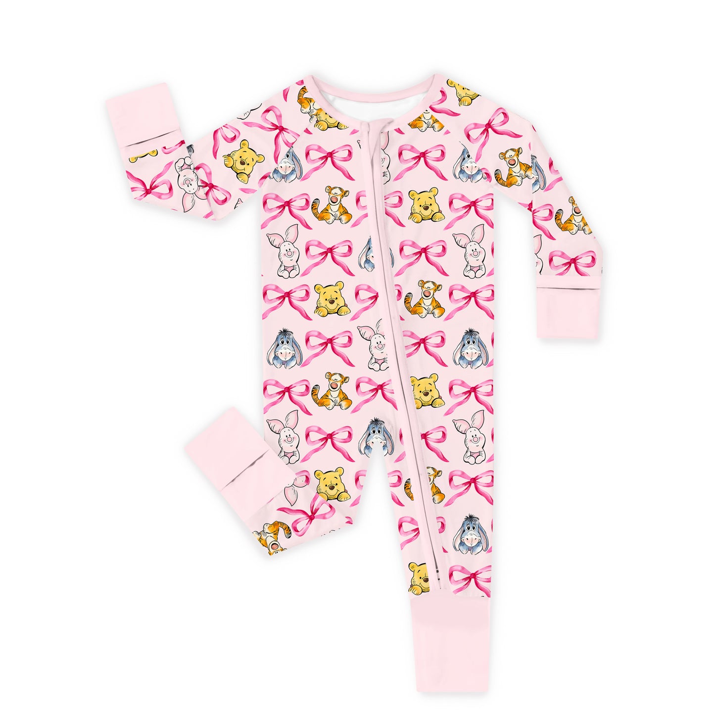 Sunny Bear and Pig Friends Bow Bamboo Zipper Romper Pajamas
