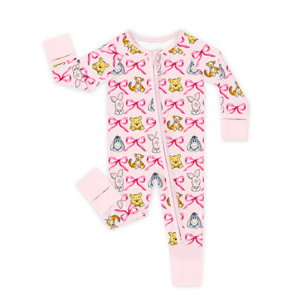 Sunny Bear and Pig Friends Bow Bamboo Zipper Romper Pajamas