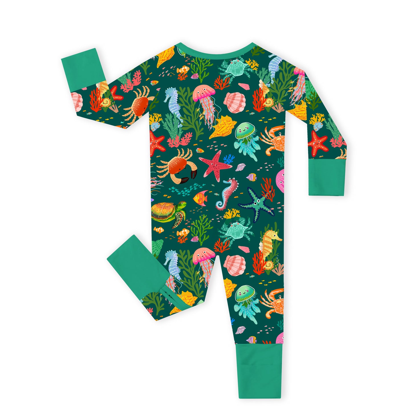 Baby Bamboo Zipper Pajama Romper Ocean Crab and Coral Reef Green