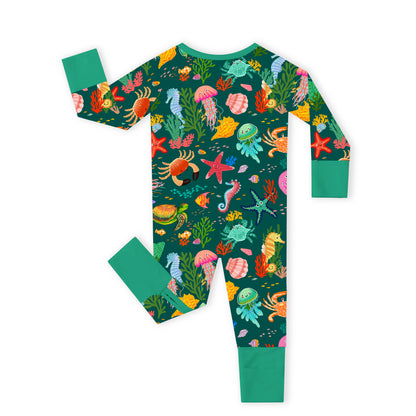 Baby Bamboo Zipper Pajama Romper Ocean Crab and Coral Reef Green