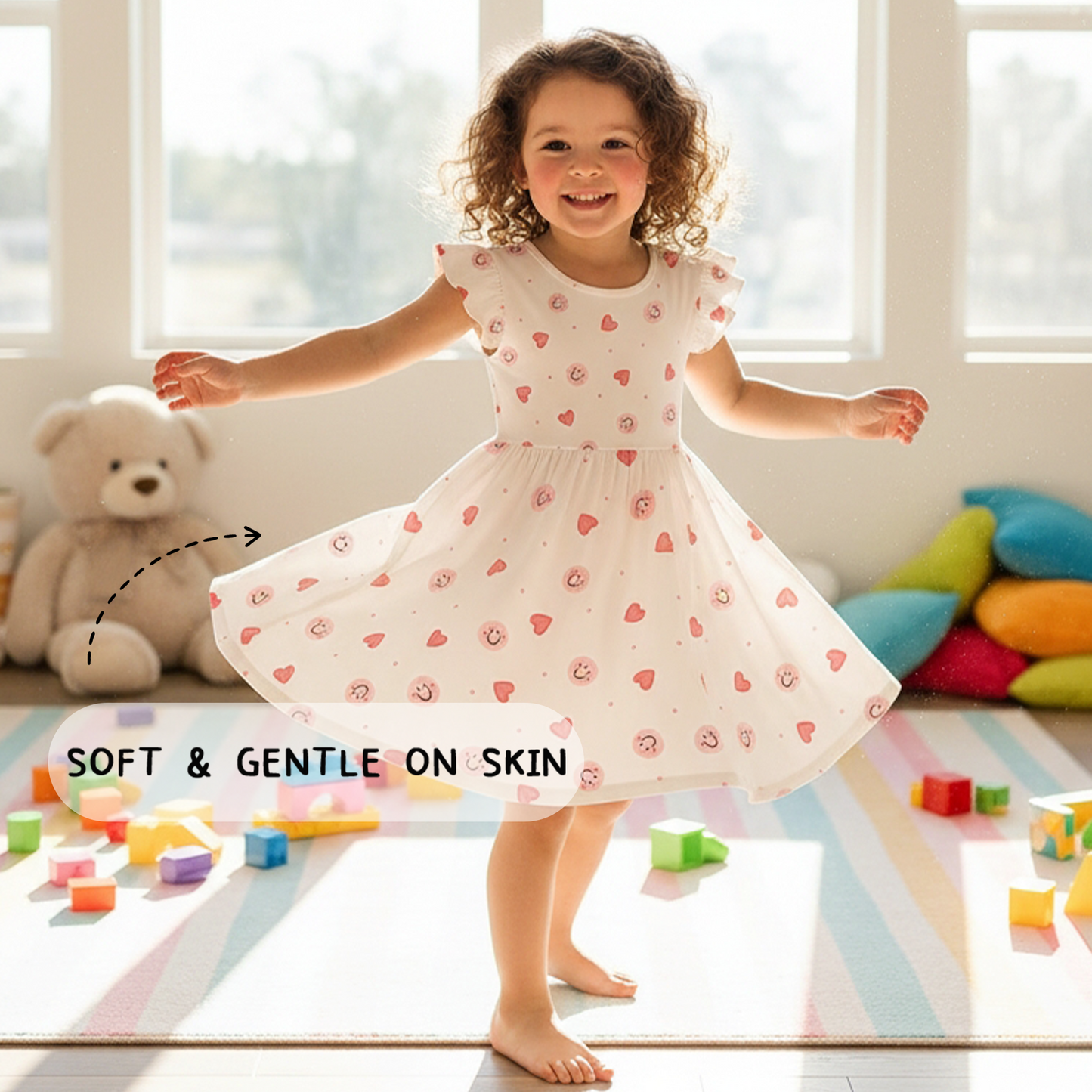 Sweet Hearts and Smiley Faces Pink Kids Bamboo Short Sleeves Dress
