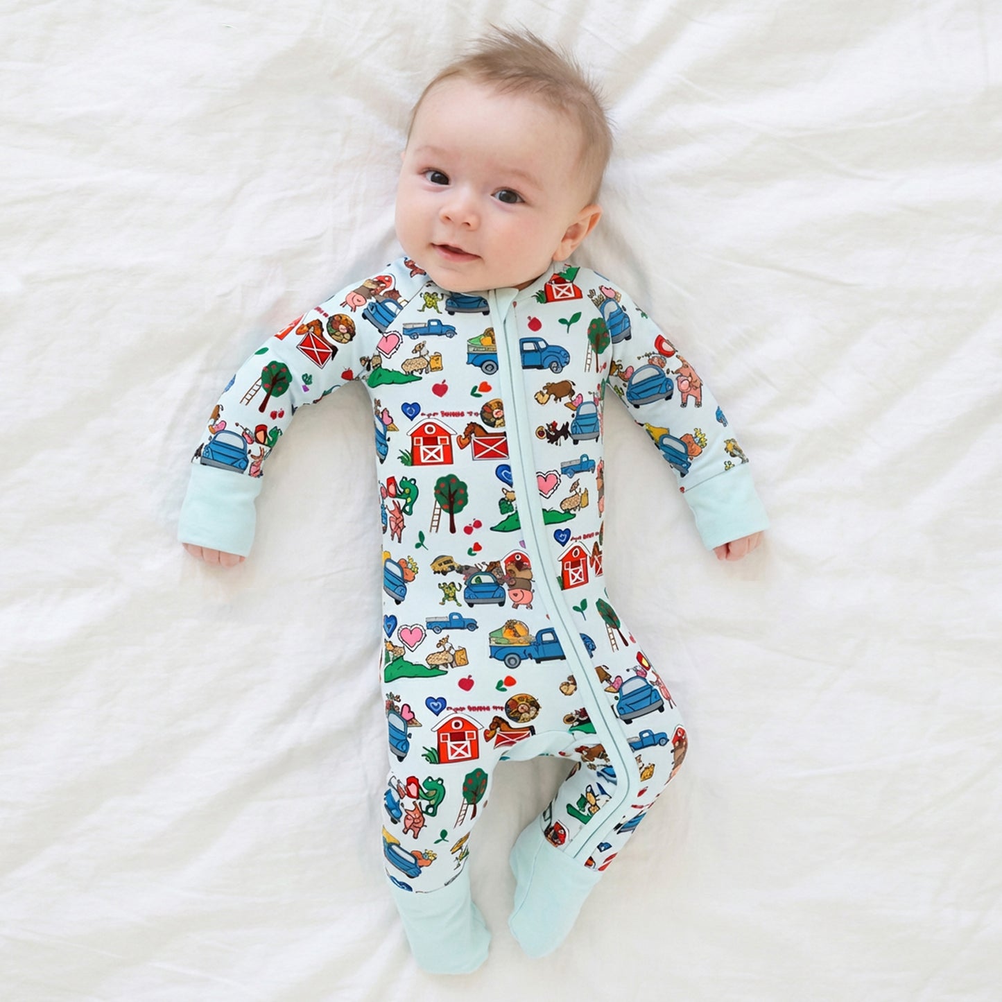 Baby Bamboo Zipper Pajama Romper Farm Car and Animal Friends Life