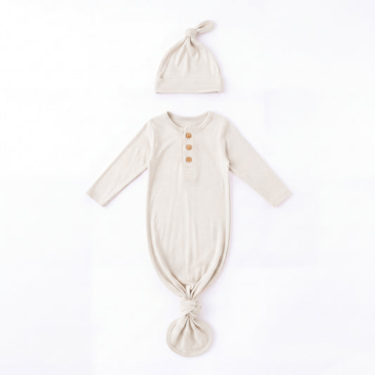 Oat Milk Solid Baby Bamboo Knotted Gown with Hat Set