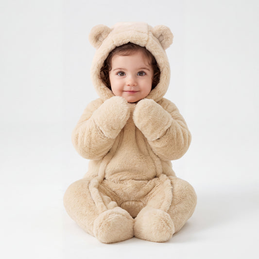 Beige Apricot Baby Bear Fleece Hooded Romper