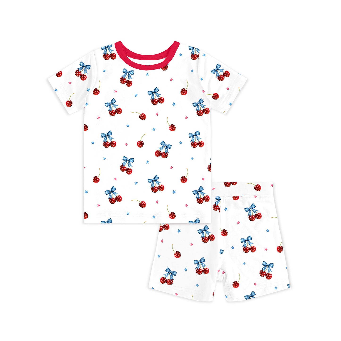 4th of July Cherry Bow Twinkling Stars Kids Bamboo Two-Piece Pajama Short Sleeve Set