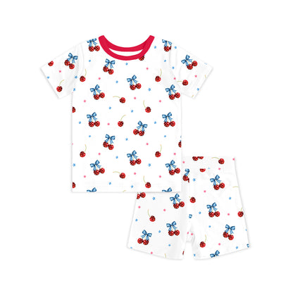 4th of July Cherry Bow Twinkling Stars Kids Bamboo Two-Piece Pajama Short Sleeve Set