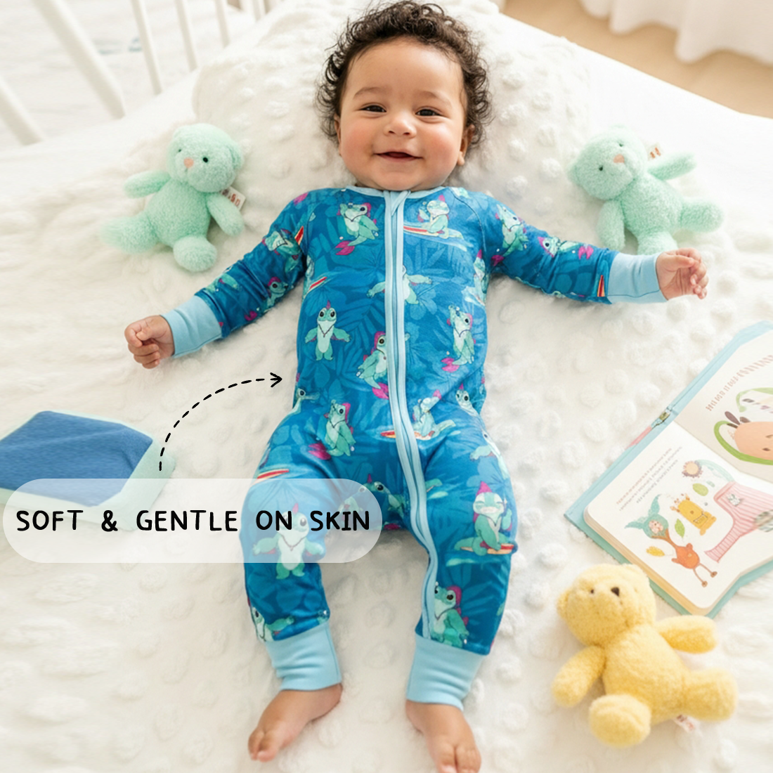 Surfing Dino Ocean Island Bamboo Zipper Romper Pajamas