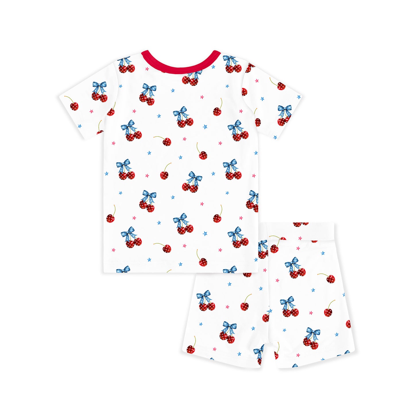 4th of July Cherry Bow Twinkling Stars Kids Bamboo Two-Piece Pajama Short Sleeve Set