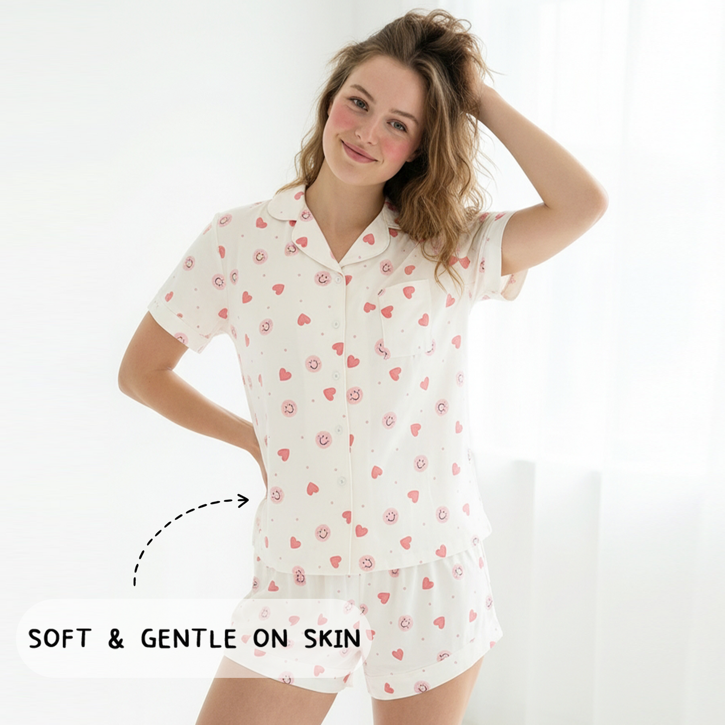 Sweet Hearts and Smiley Faces Pink Women's Bamboo Short Sleeve Pajama Set