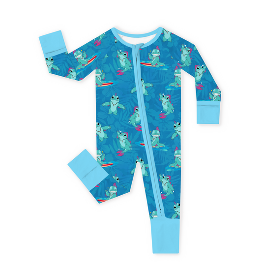 Surfing Dino Ocean Island Bamboo Zipper Romper Pajamas