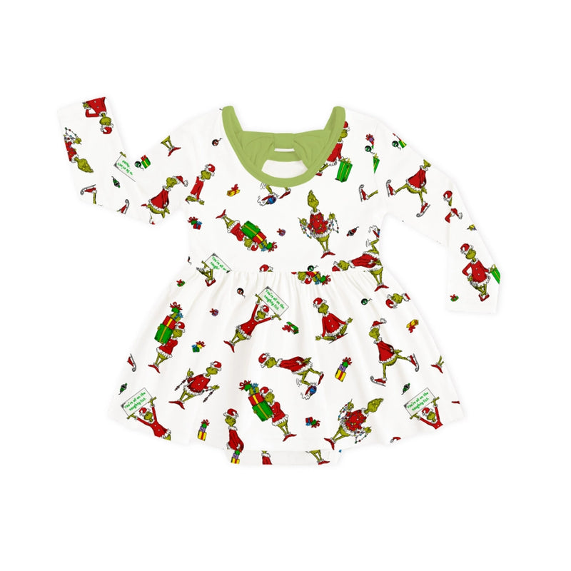 Christmas Green Gift Green Face Long Sleeve Twirl Dress With Bodysuit