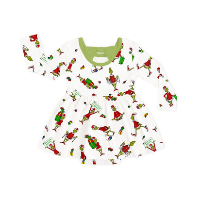 Christmas Green Gift Green Face Long Sleeve Twirl Dress With Bodysuit