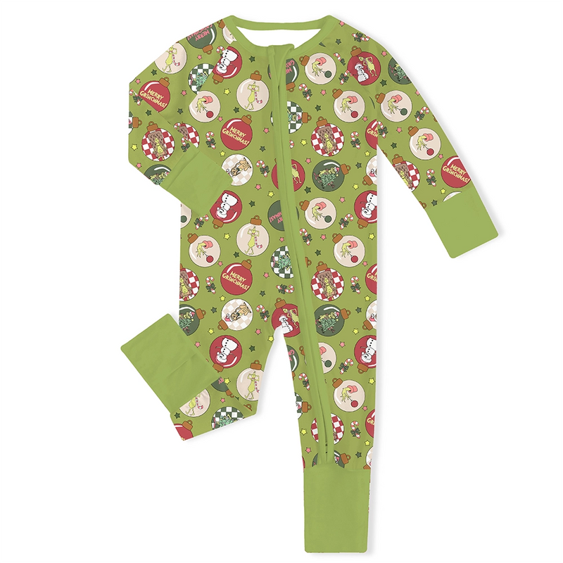 Christmas Green Face Baubles Baby Bamboo Zipper Romper Pajama