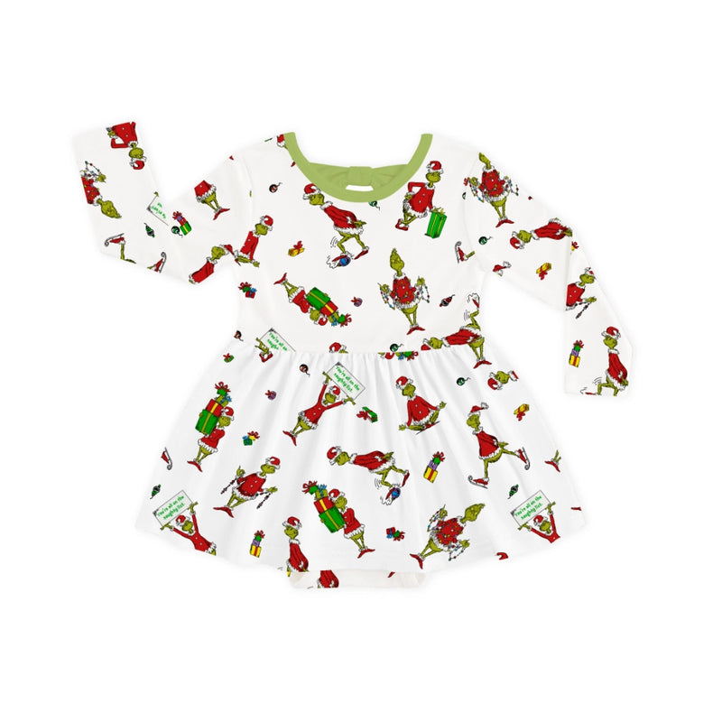 Christmas Green Gift Green Face Long Sleeve Twirl Dress With Bodysuit