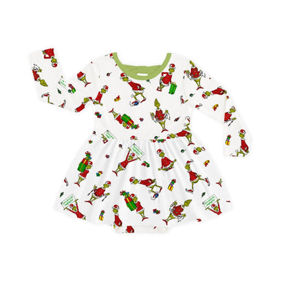 Christmas Green Gift Green Face Long Sleeve Twirl Dress With Bodysuit