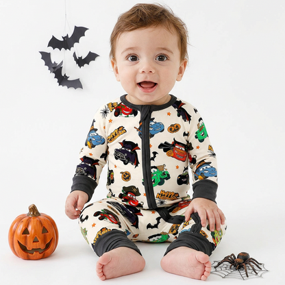 Halloween Smiley Face Car and Bus Pumpkin Bamboo Zipper Romper Pajamas