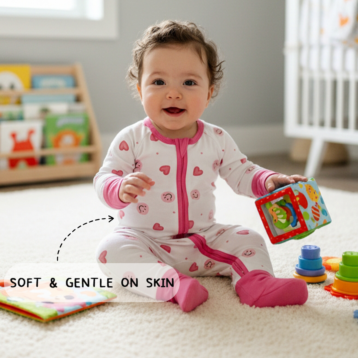 Sweet Hearts and Smiley Faces Pink Bamboo Zipper Romper Pajamas