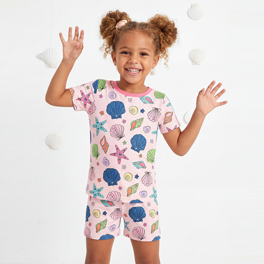 Colorful Ocean Shells and Stars Playtime Pink Kids Bamboo Two-Piece Pajama Short Sleeve Set