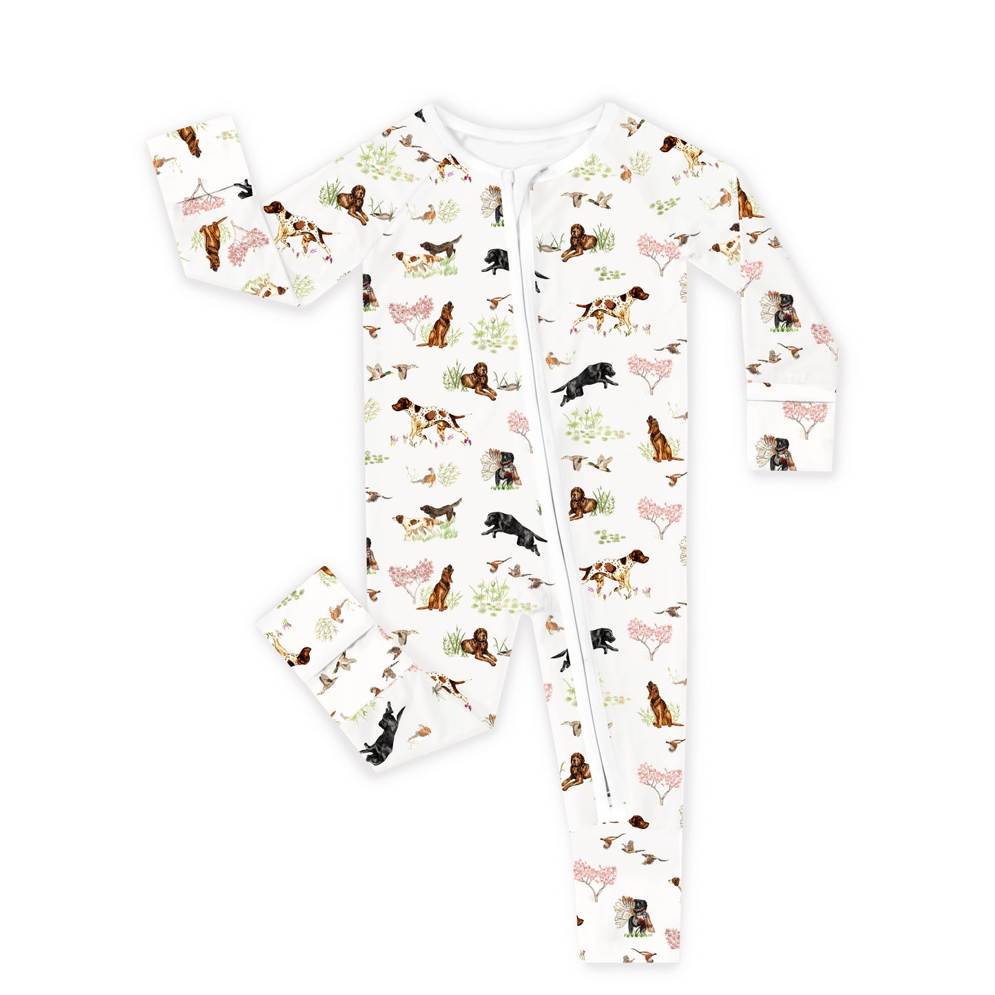Baby Bamboo Zipper Pajama Romper Hunting Puppy Dog and Game Bird