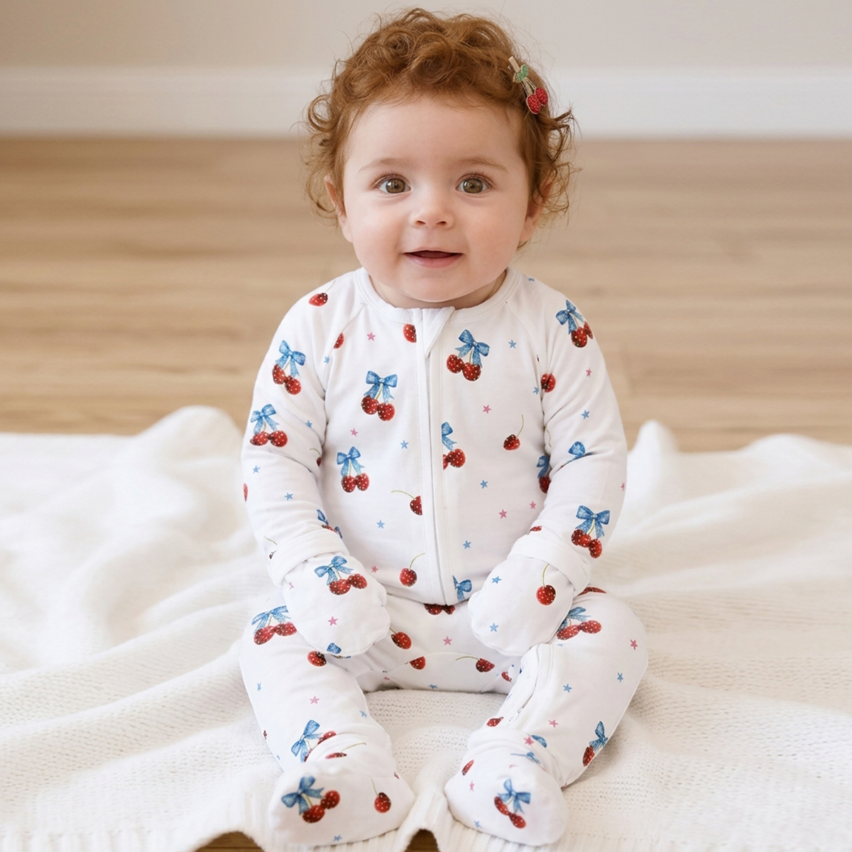4th of July Cherry Bow Twinkling Stars Baby Bamboo Zipper Pajama Romper