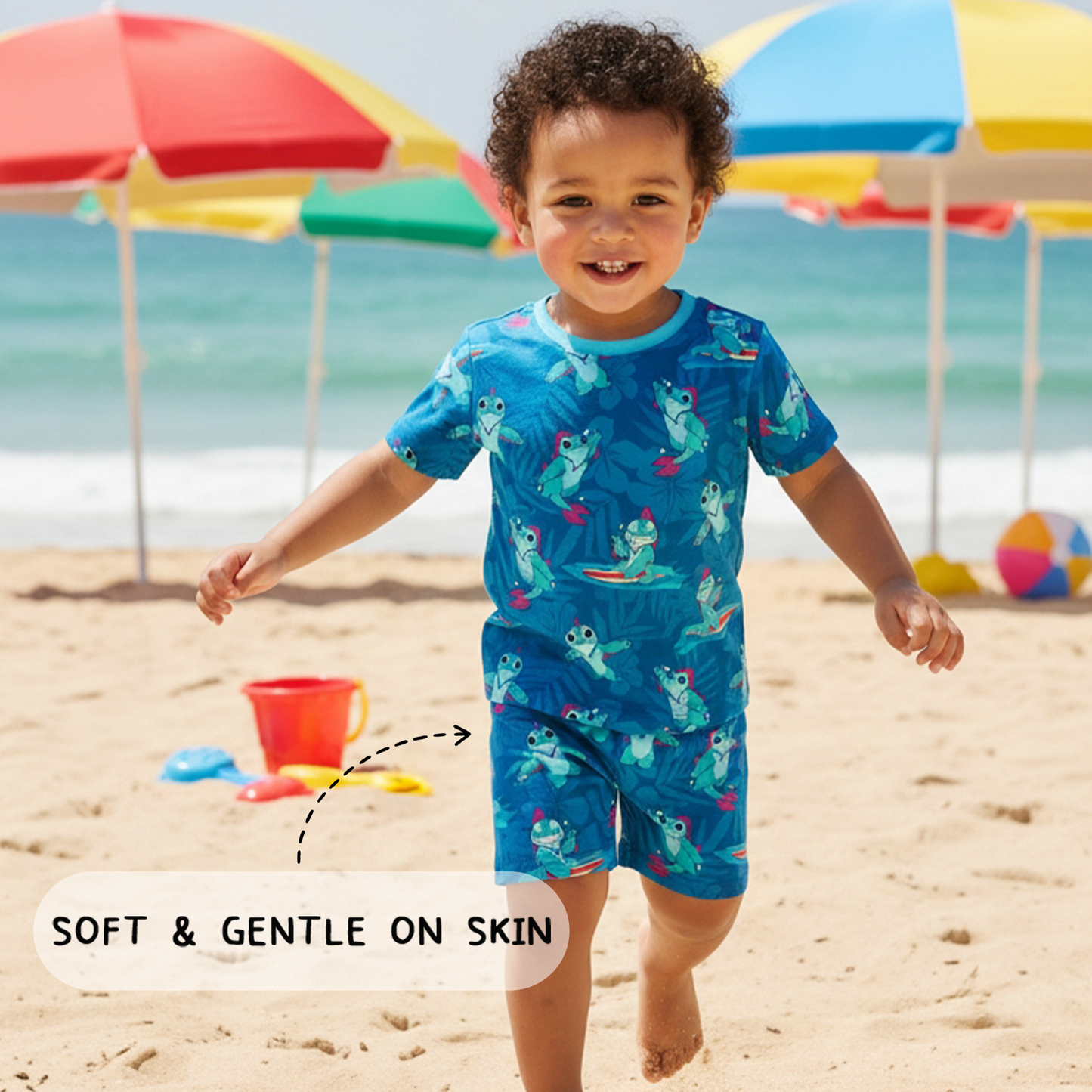 Surfing Dino Ocean Island Kids Bamboo Two-Piece Pajama Short Sleeve Set