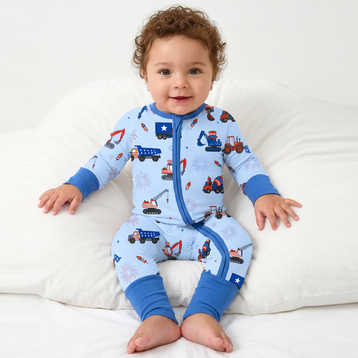 4th of July Stars Truck and Fireworks Blue Baby Bamboo Zipper Pajama Romper