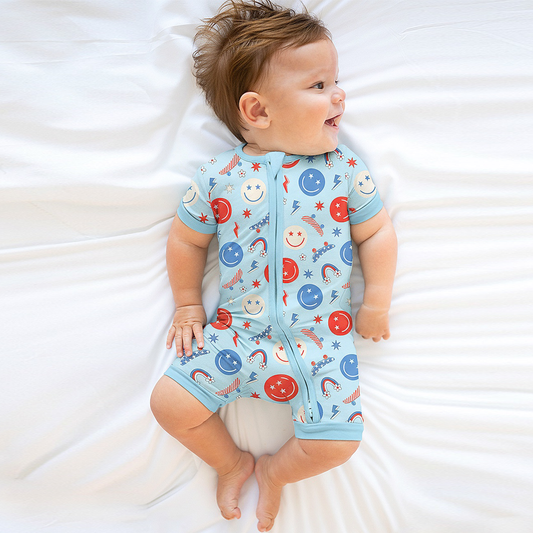 4th of July Smiley Faces and Colorful Rainbows Sky Blue Short Bamboo Zippy Baby Romper