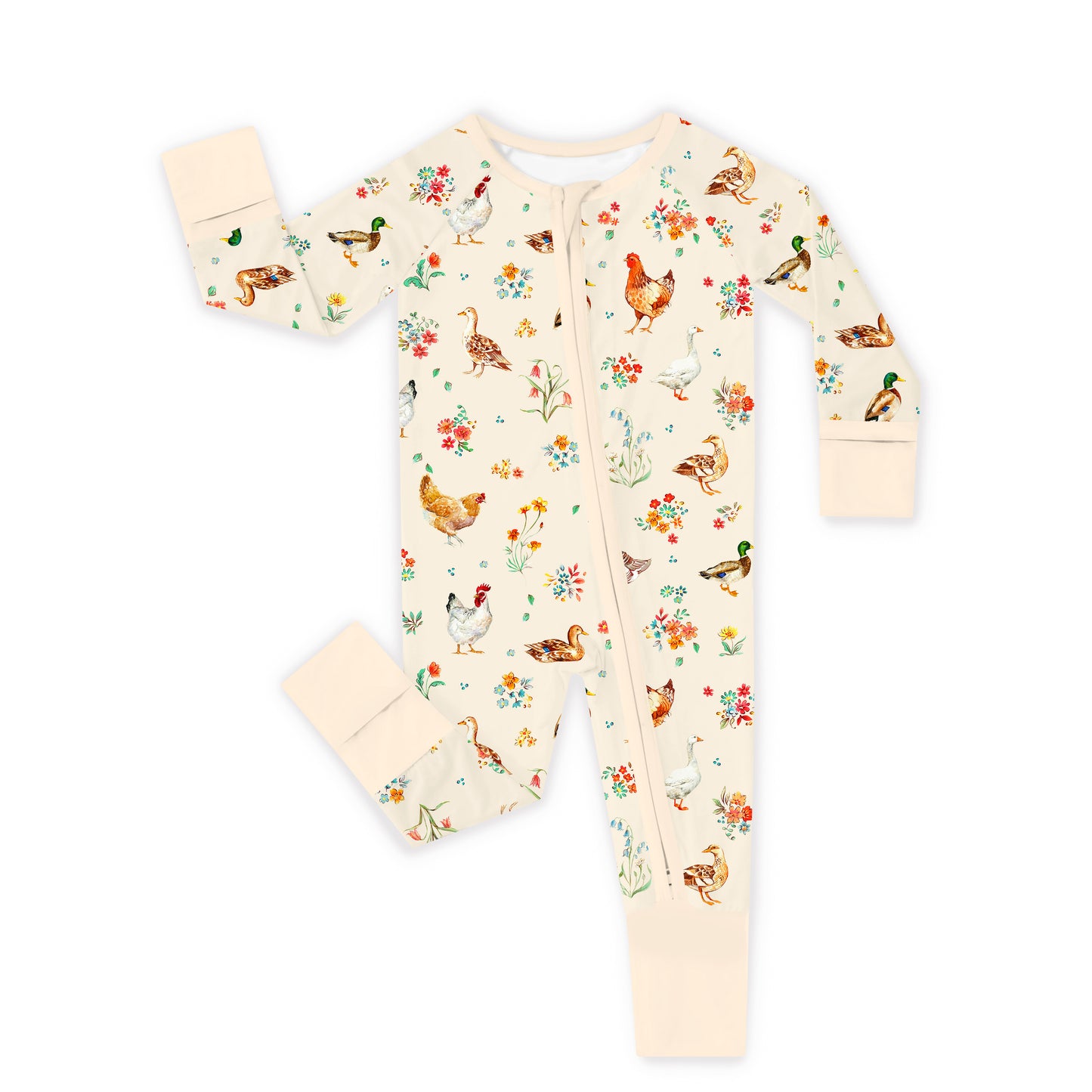 Baby Bamboo Zipper Pajama Romper Farm Duck and Chicken in Wildflower Floral