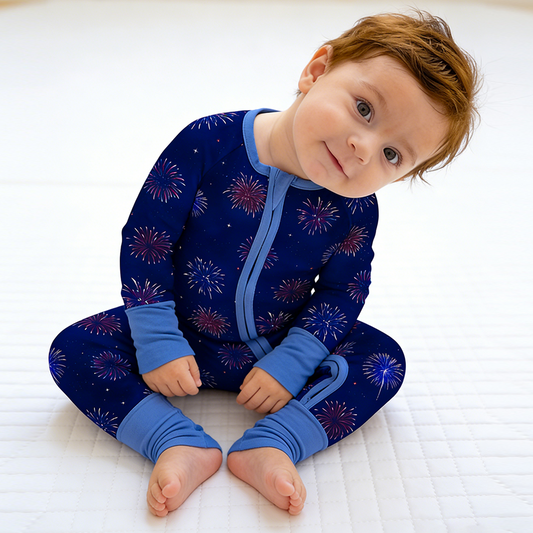 4th of July Colorful Firework Twinkle Stars Navy Bamboo Zipper Romper Pajamas